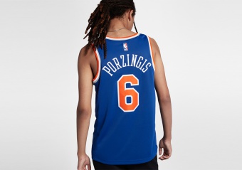 NIKE NBA NEW YORK KNICKS KRISTAPS PORZINGIS ROAD SWINGMAN JERSEY RUSH BLUE