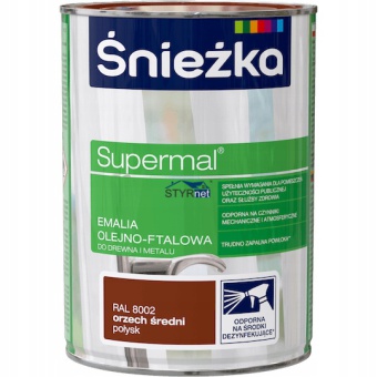 ŚNIEŻKA FARBA DO DREWNA I METALU ORZECH ŚREDNI POŁYSK SUPERMAL EMALIA OLEJNOFTALOWA 0,8L