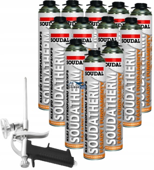 SOUDAL KLEJ DO STYROPIANU SOUDATHERM EPS XPS 12szt + PISTOLET ZESTAW