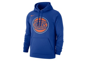 NIKE NBA NEW YORK KNICKS CLUB LOGO FLEECE PULLOVER HOODIE RUSH BLUE