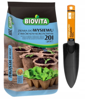BIOVITA ZIEMIA DO WYSIEWU Z WŁÓKNEM KOKOSOWYM 20L + ŁOPATKA FISKARS 4602
