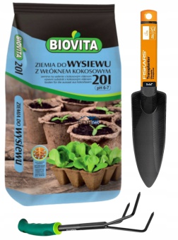 BIOVITA ZIEMIA Z WŁÓKNEM KOKOSOWYM 20L FISKARS ŁOPATKA VERTO GRABKI
